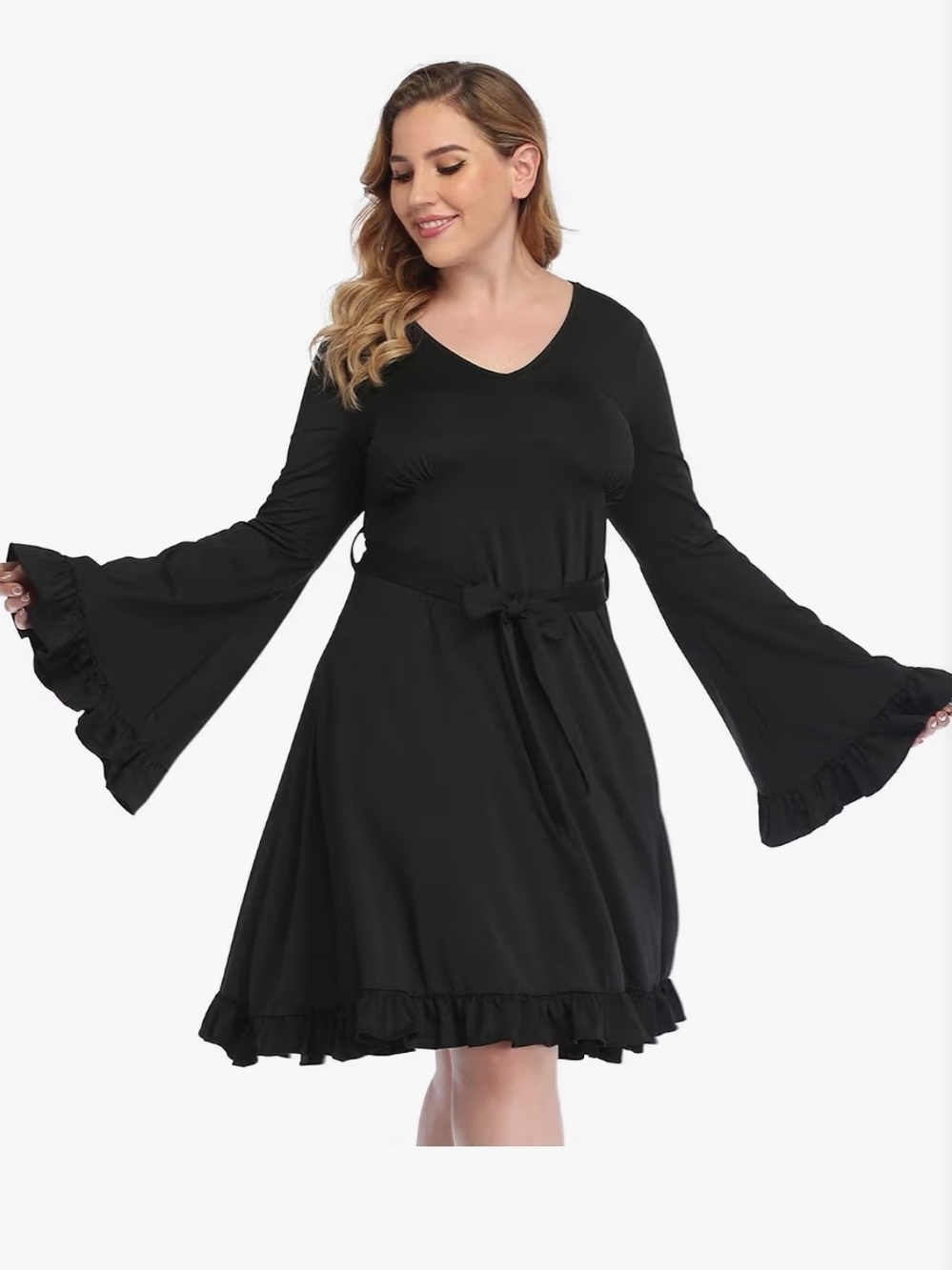 Plus Size Black Ruffle Bell-Sleeve Dress